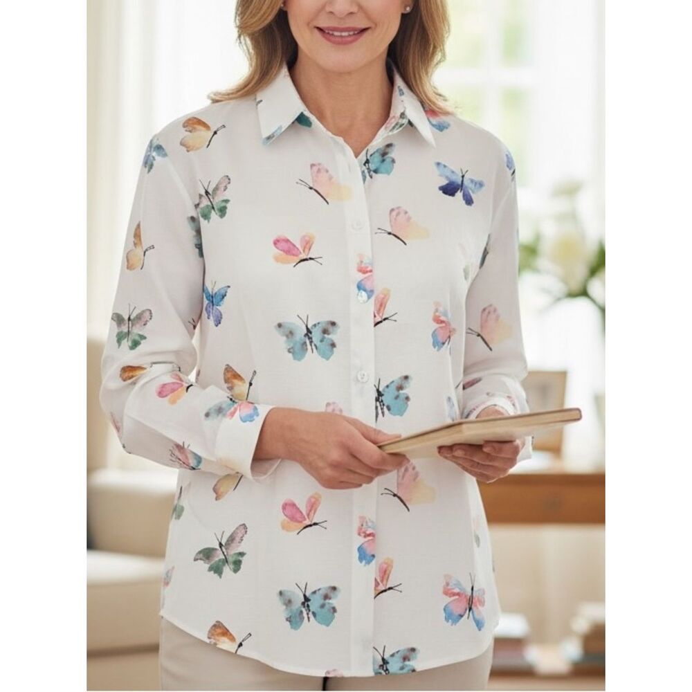 Butterfly Print Blouse Women’s XL | Sheer Long Sleeve Button Front